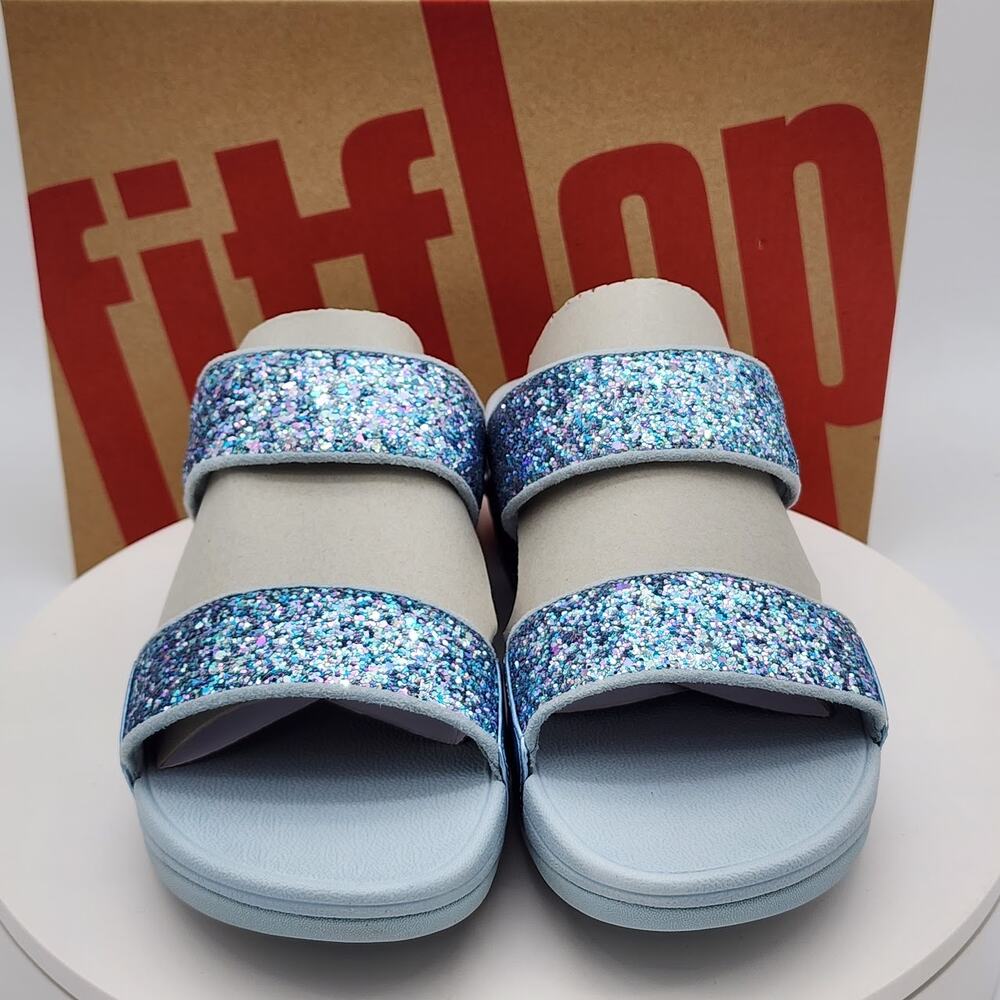 NEW - FitFlop Lulu Women’s Quiet Blue Glitter Wedge Sandals Comfort Size 10 - Picture 5 of 8